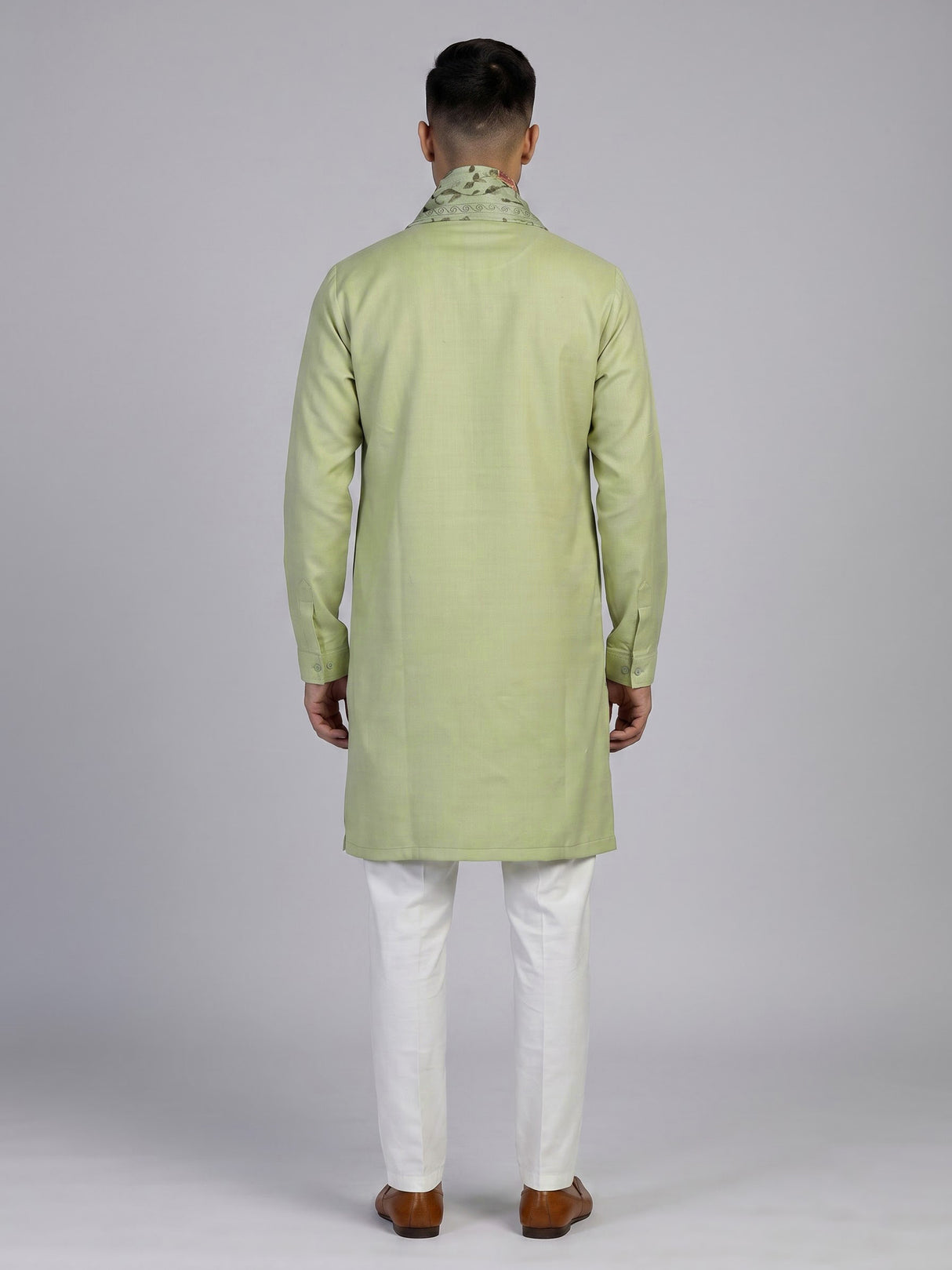 Pista green linen silk mens kurta suit with artistic bird motif