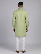 Pista green linen silk mens kurta suit with artistic bird motif
