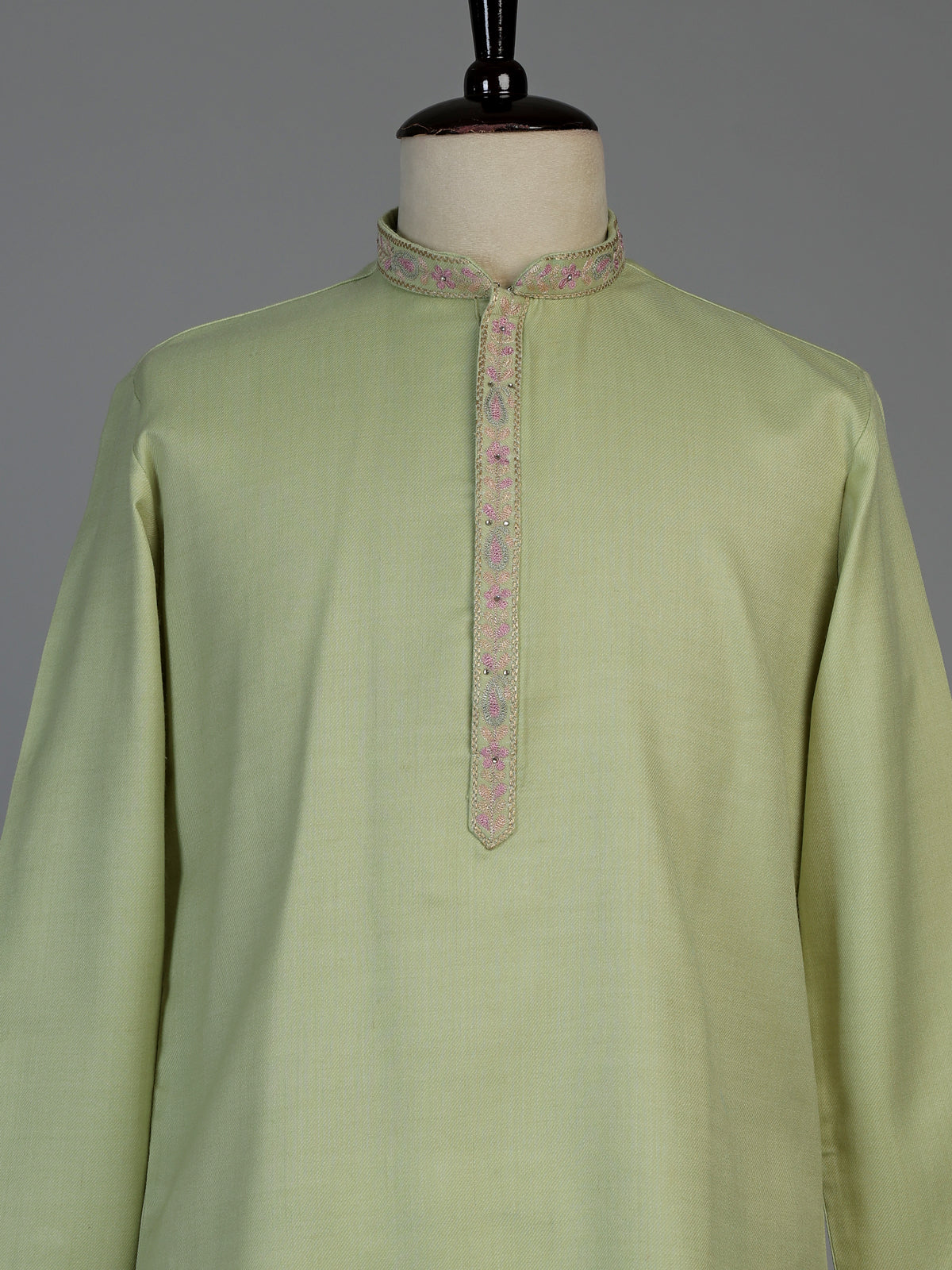 Pista green linen silk mens kurta suit with artistic bird motif
