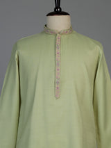 Pista green linen silk mens kurta suit with artistic bird motif