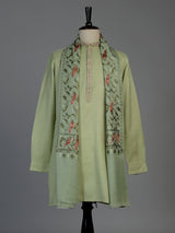 Pista green linen silk mens kurta suit with artistic bird motif