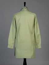 Pista green linen silk mens kurta suit with artistic bird motif