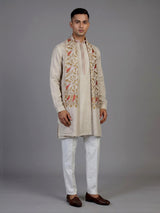 Beige linen silk mens kurta suit with neck stonework and bird motif