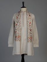 Beige linen silk mens kurta suit with neck stonework and bird motif