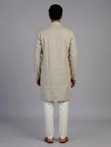 Beige linen silk mens kurta suit with elegant butti embroidery