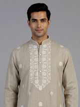 Beige linen silk mens kurta suit with elegant butti embroidery