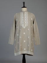 Beige linen silk mens kurta suit with elegant butti embroidery