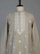 Beige linen silk mens kurta suit with elegant butti embroidery