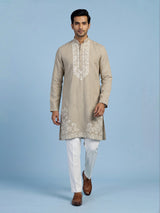 Beige linen silk mens kurta suit with sophisticated embroidery