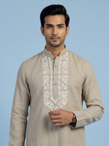 Beige linen silk mens kurta suit with sophisticated embroidery