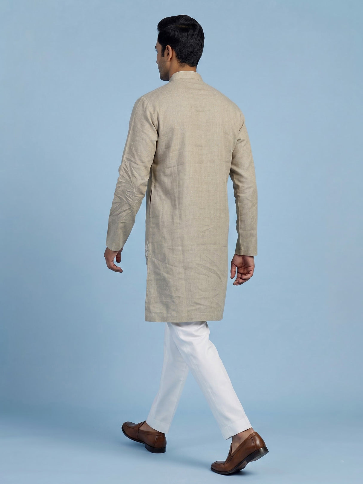 Beige linen silk mens kurta suit with sophisticated embroidery