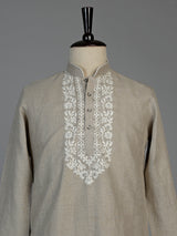 Beige linen silk mens kurta suit with sophisticated embroidery