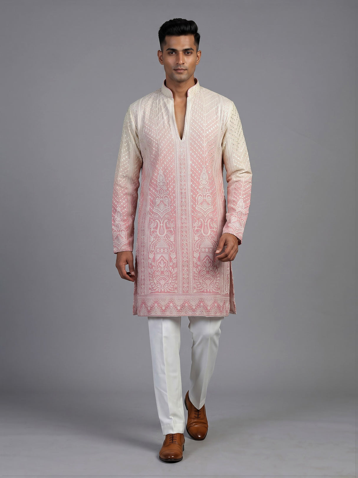 Cream pink silk mens kurta suit with shaded festive elegance