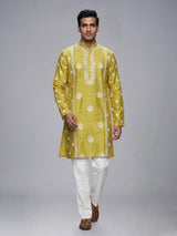Mehendi green raw silk mens kurta suit with elegant butti work