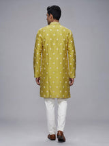 Mehendi green raw silk mens kurta suit with elegant butti work