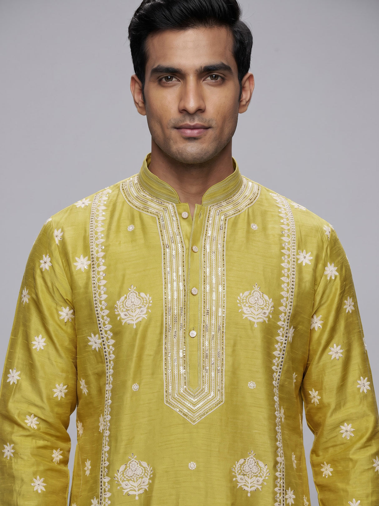 Mehendi green raw silk mens kurta suit with elegant butti work
