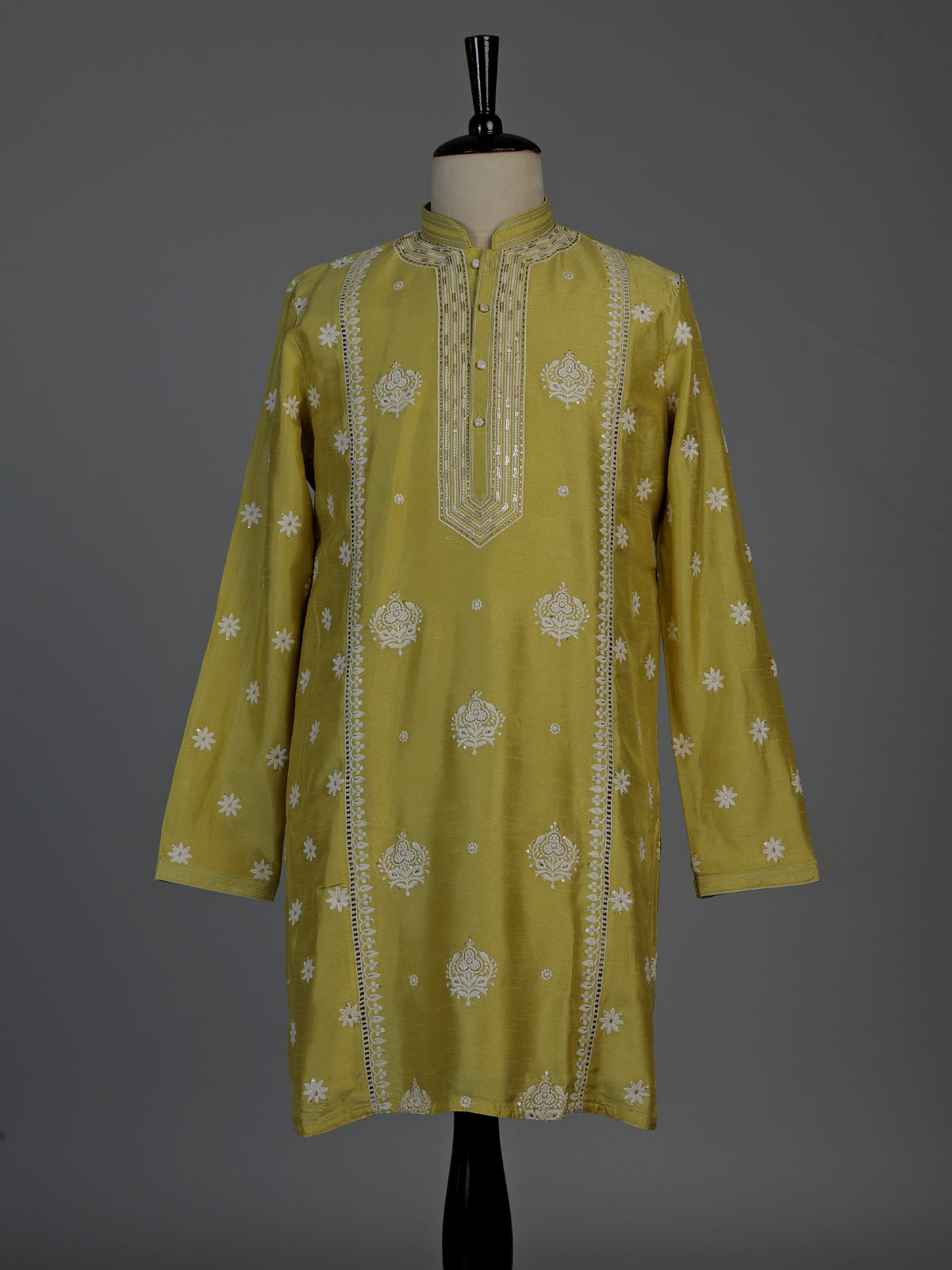 Mehendi green raw silk mens kurta suit with elegant butti work