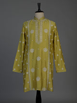 Mehendi green raw silk mens kurta suit with elegant butti work