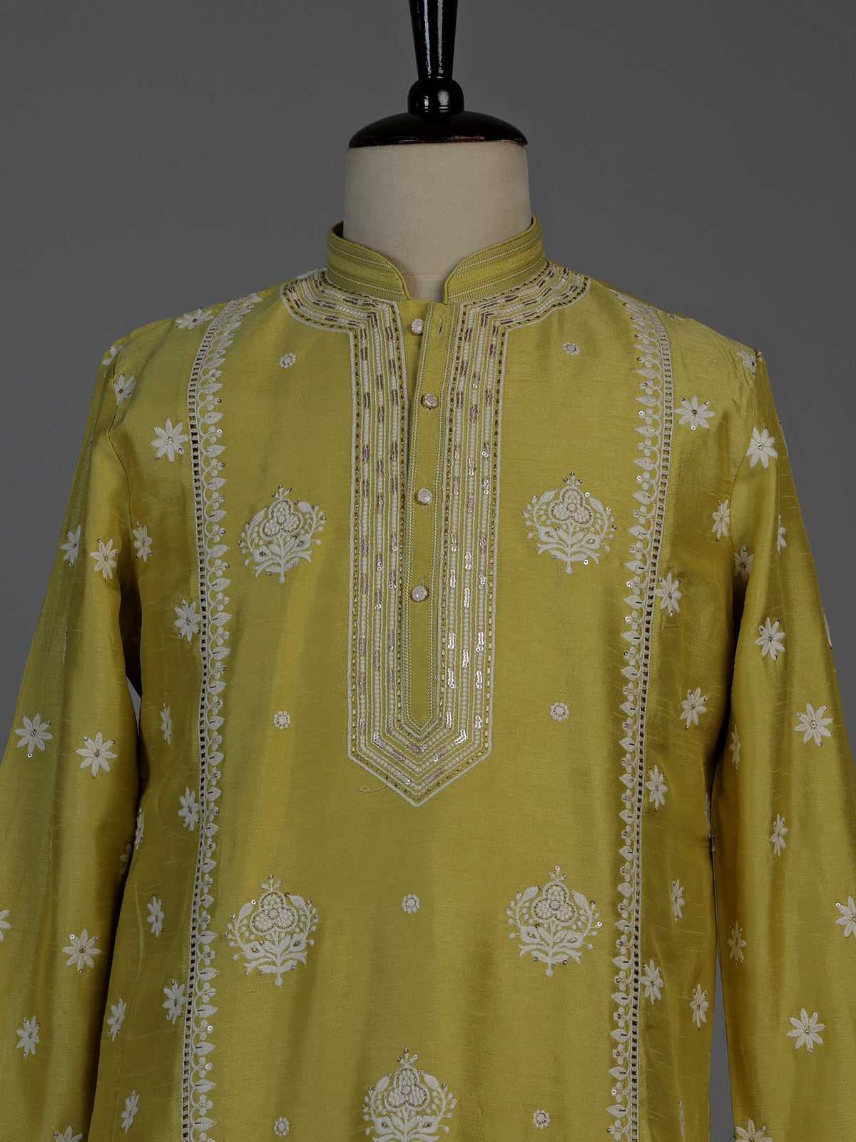 Mehendi green raw silk mens kurta suit with elegant butti work