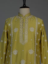 Mehendi green raw silk mens kurta suit with elegant butti work