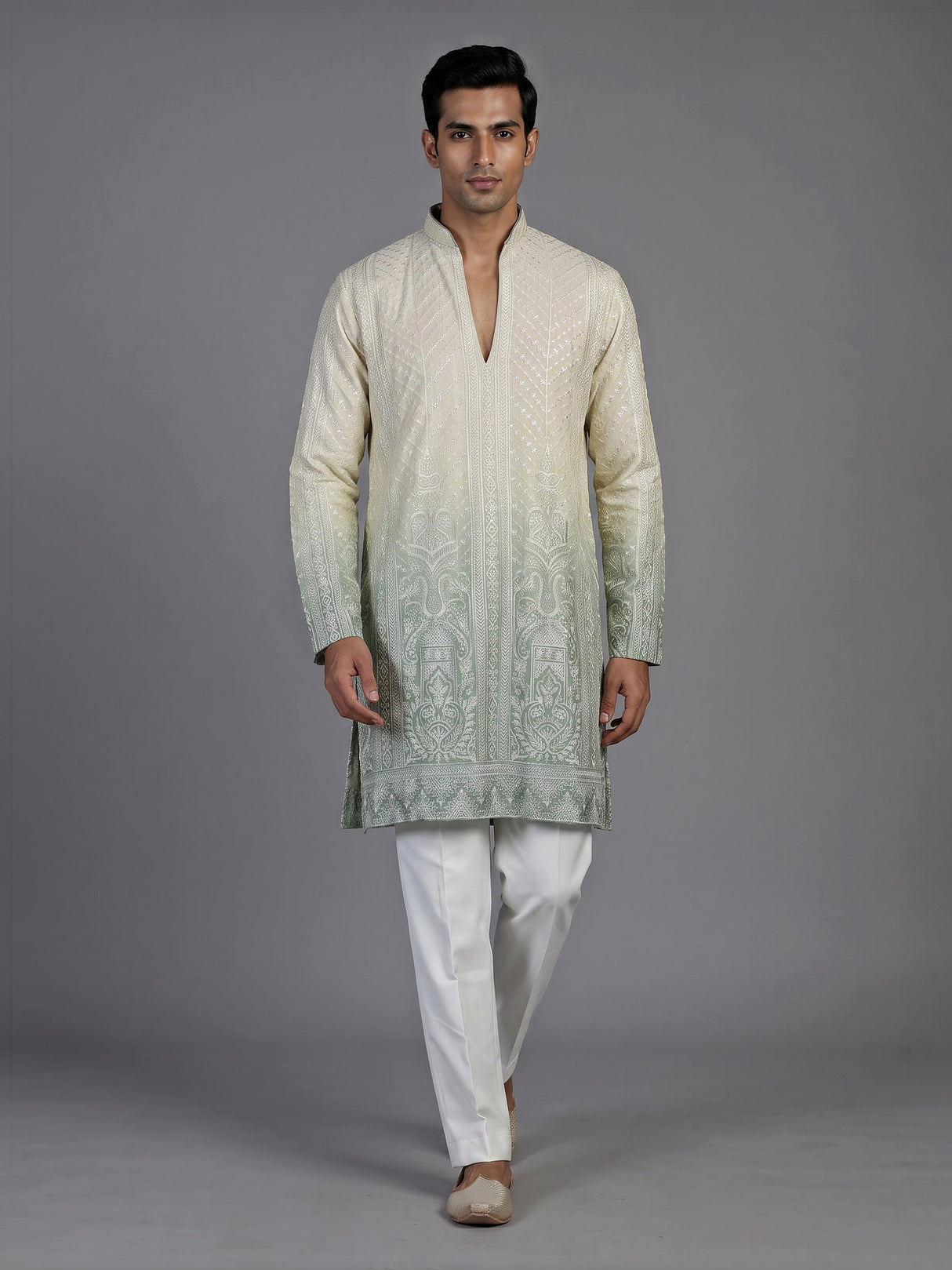 Cream green silk mens kurta suit with graceful shaded detailing