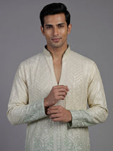 Cream green silk mens kurta suit with graceful shaded detailing