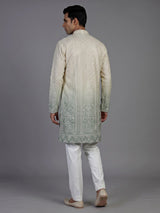 Cream green silk mens kurta suit with graceful shaded detailing