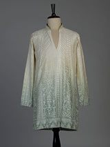 Cream green silk mens kurta suit with graceful shaded detailing