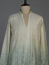 Cream green silk mens kurta suit with graceful shaded detailing