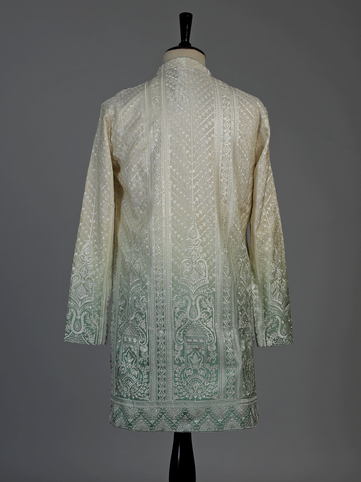 Cream green silk mens kurta suit with graceful shaded detailing
