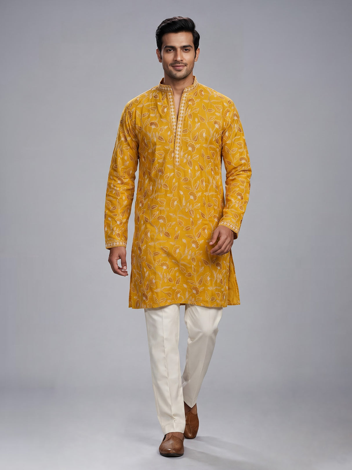 Mustard yellow silk mens kurta suit with sparkling aabla embellishments