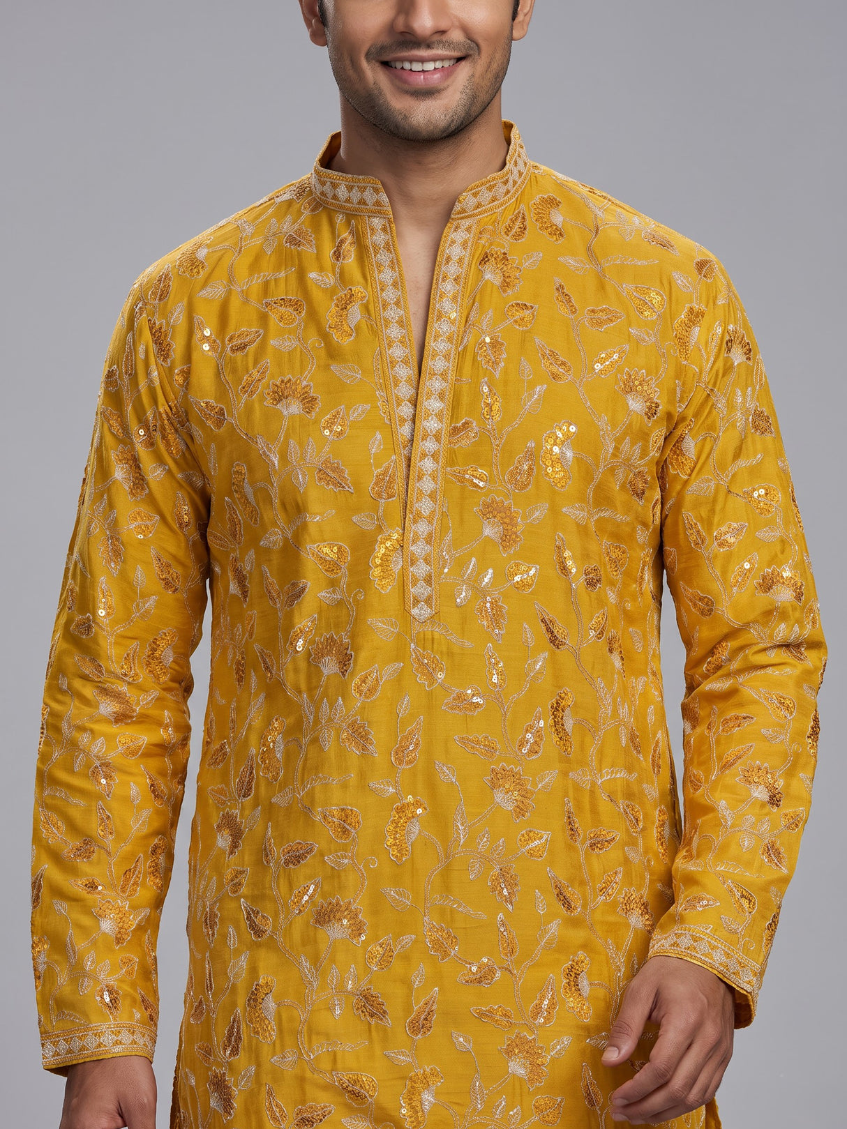 Mustard yellow silk mens kurta suit with sparkling aabla embellishments