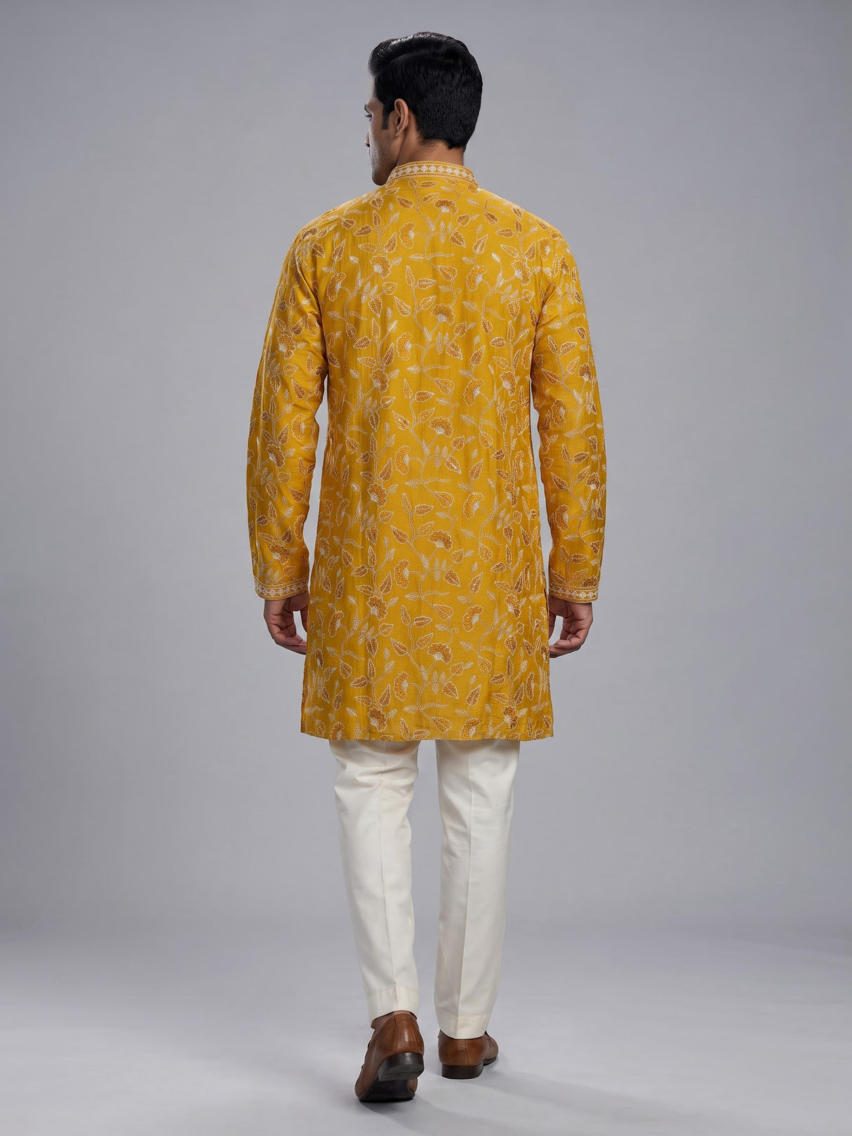 Mustard yellow silk mens kurta suit with sparkling aabla embellishments