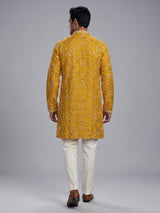 Mustard yellow silk mens kurta suit with sparkling aabla embellishments