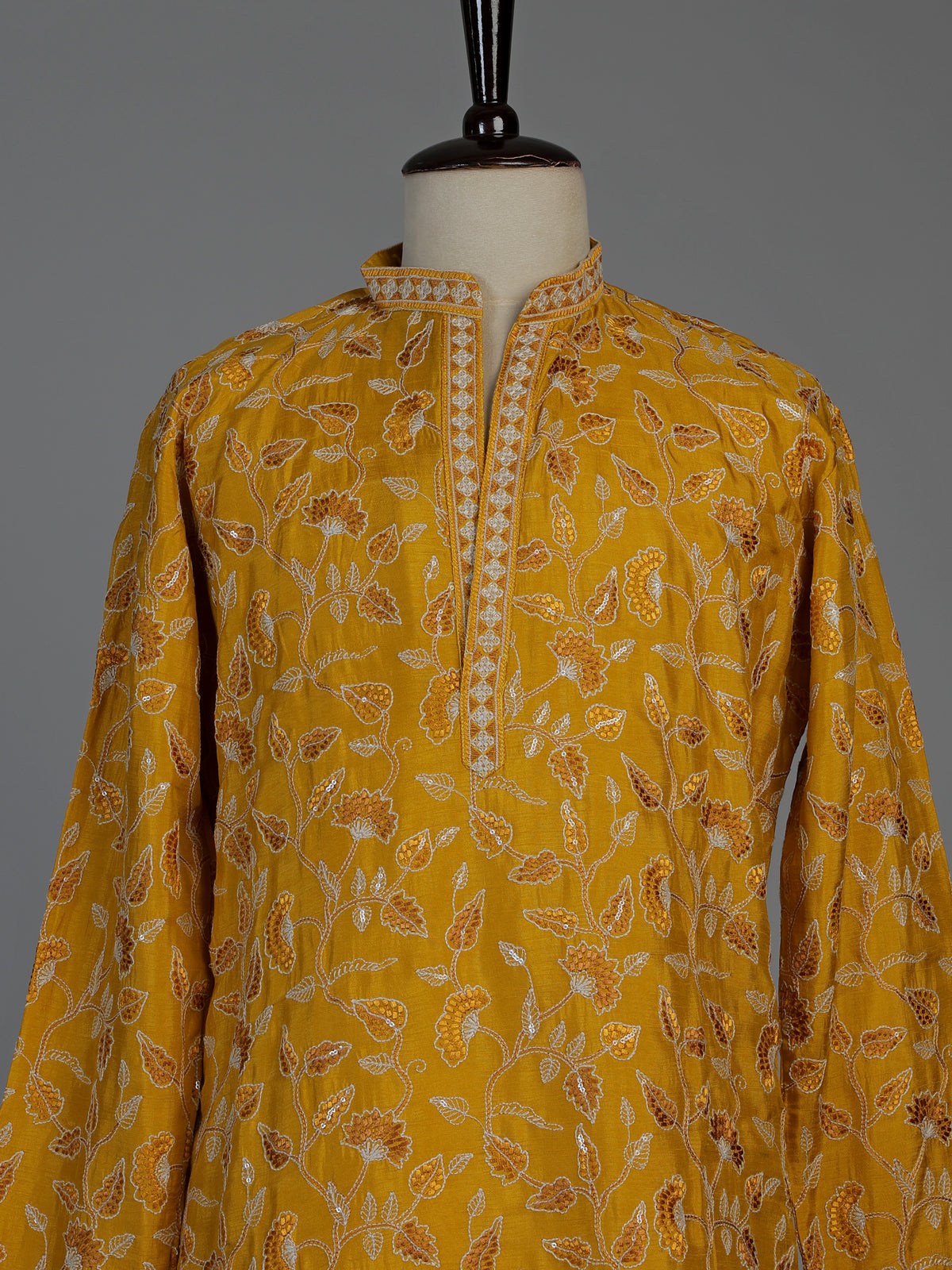 Mustard yellow silk mens kurta suit with sparkling aabla embellishments