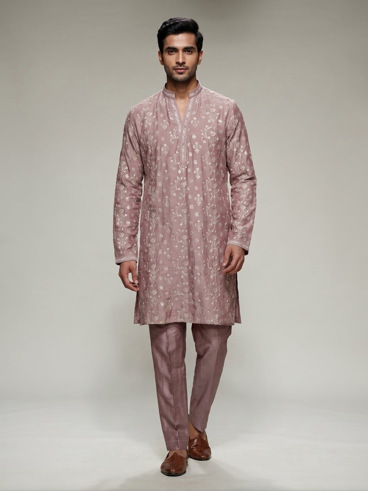 Onion pink silk blend mens kurta suit with elegant aabla detailing
