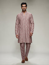 Onion pink silk blend mens kurta suit with elegant aabla detailing