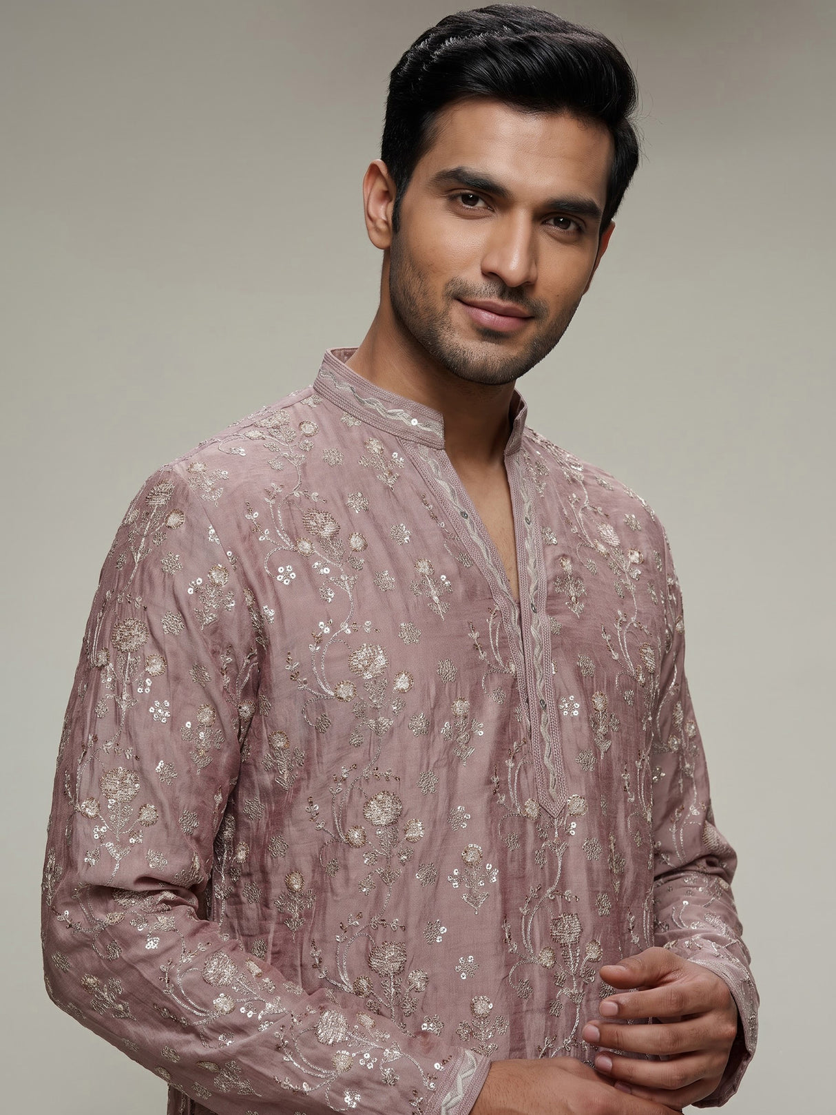 Onion pink silk blend mens kurta suit with elegant aabla detailing