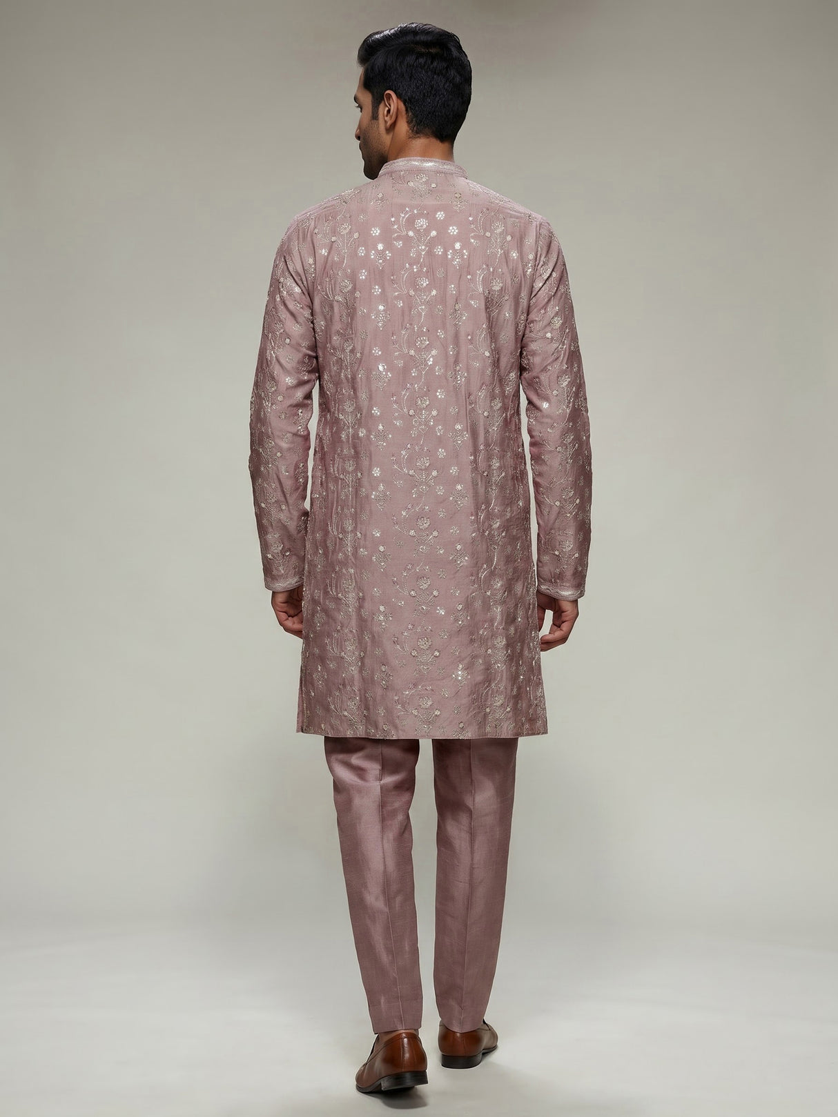 Onion pink silk blend mens kurta suit with elegant aabla detailing