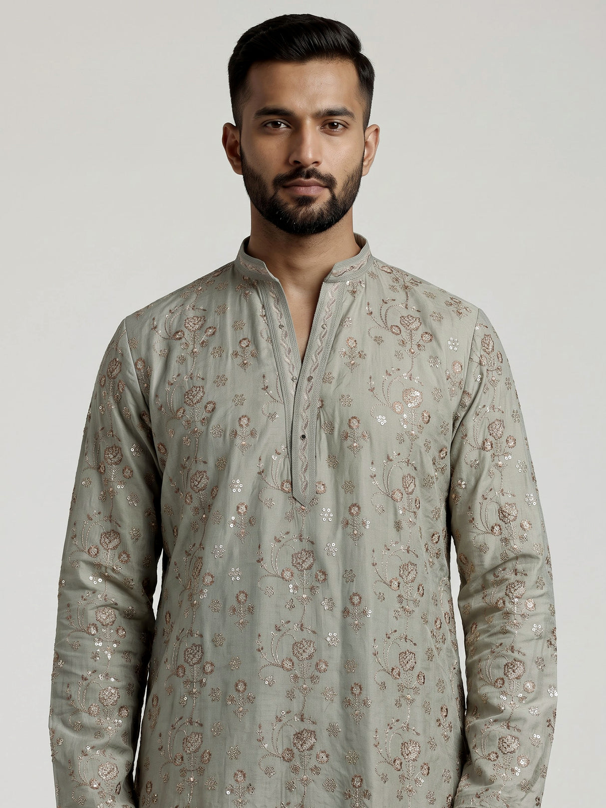 Dusty mint green silk blend mens kurta suit with sparkling detailing