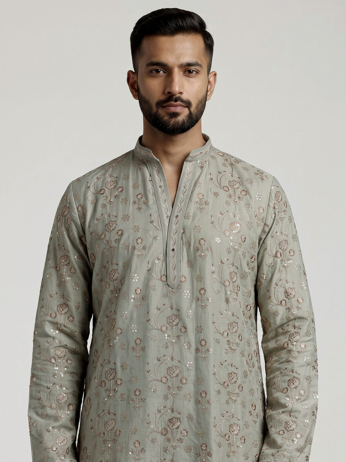 Dusty mint green silk blend mens kurta suit with sparkling detailing