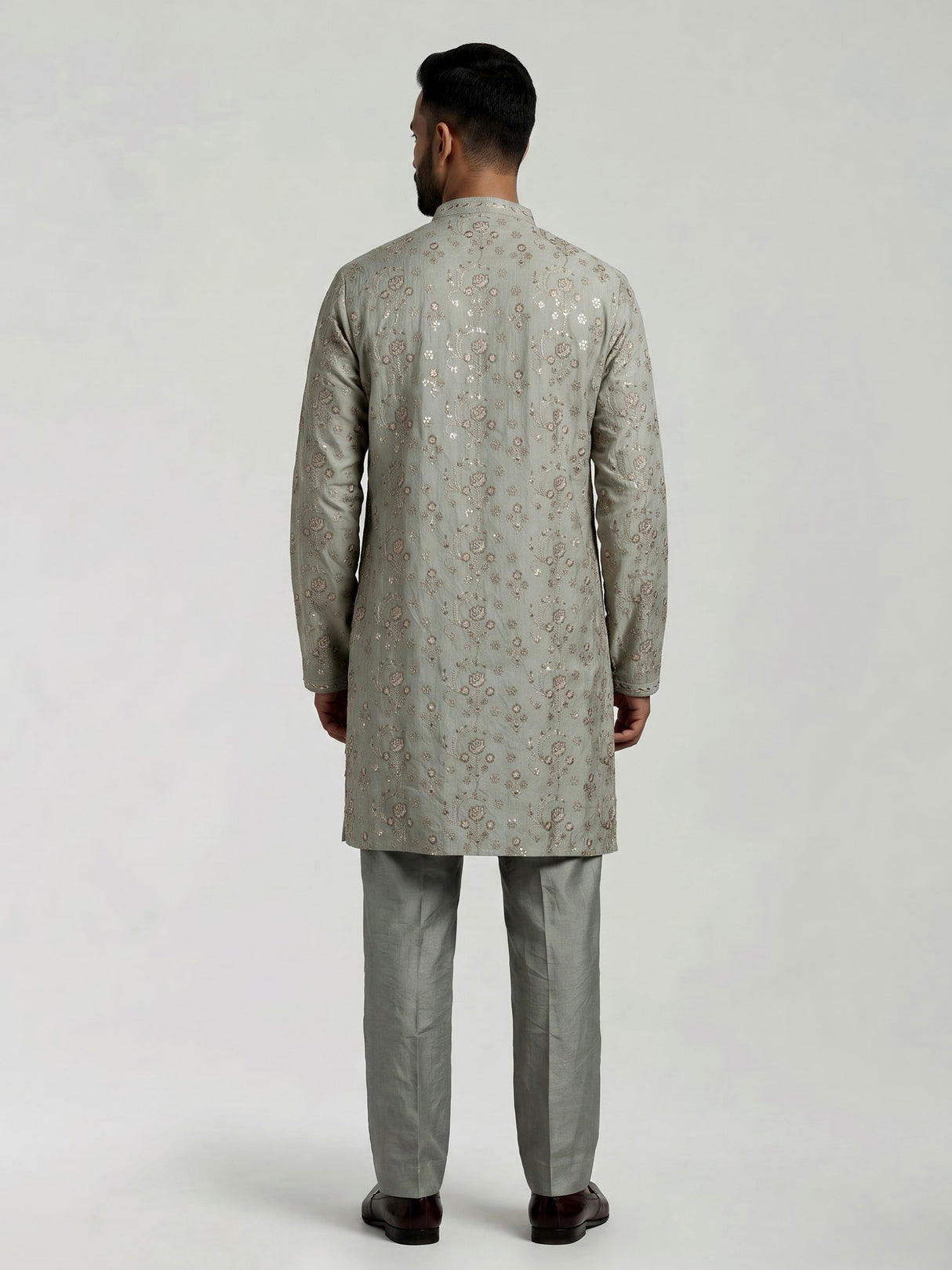 Dusty mint green silk blend mens kurta suit with sparkling detailing