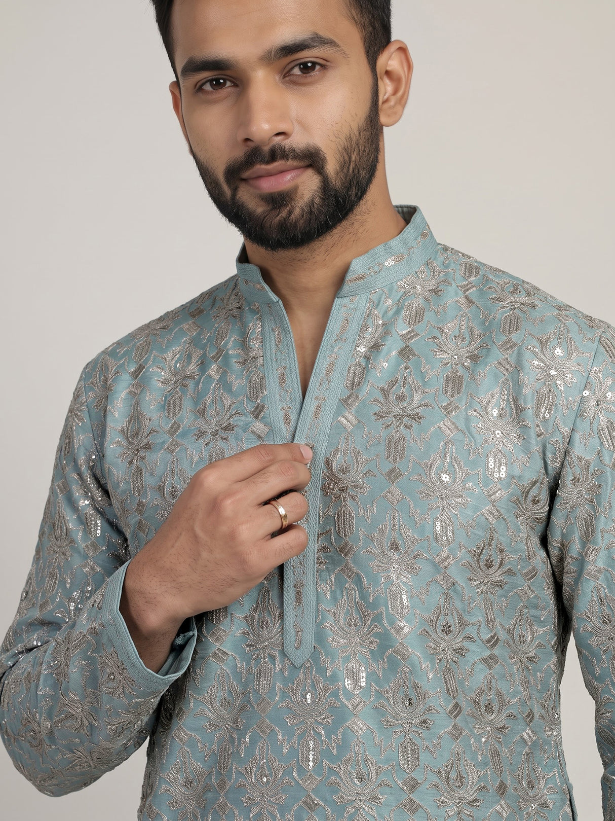 Sky blue silk mens kurta suit with elegant sequined aabla work