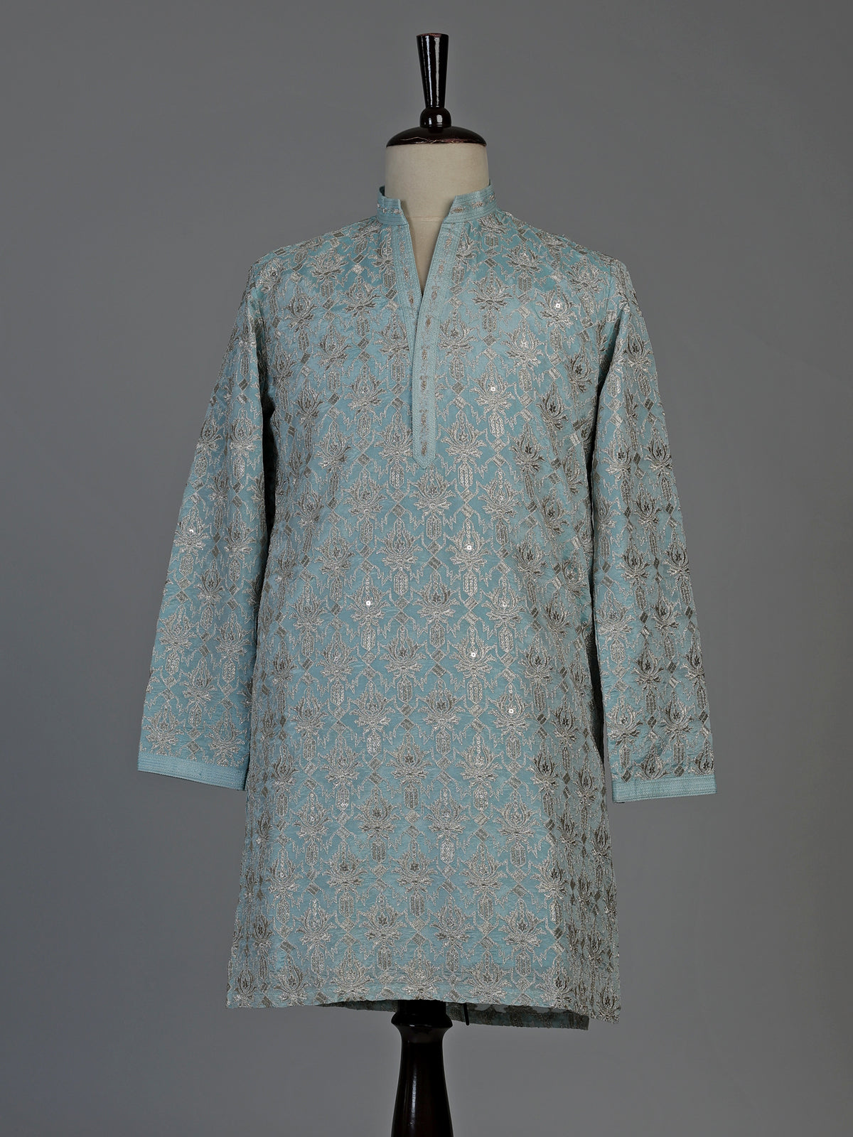 Sky blue silk mens kurta suit with elegant sequined aabla work