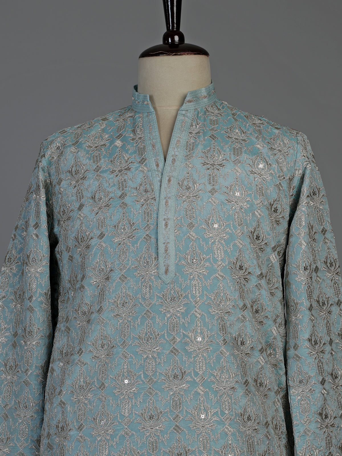 Sky blue silk mens kurta suit with elegant sequined aabla work