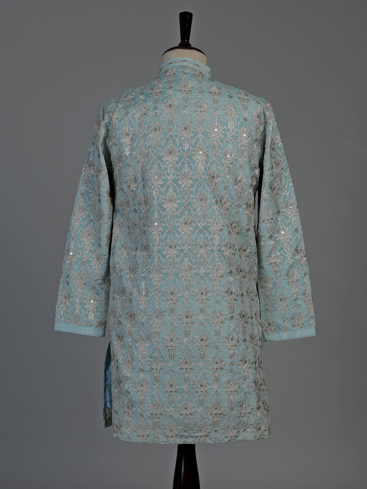 Sky blue silk mens kurta suit with elegant sequined aabla work