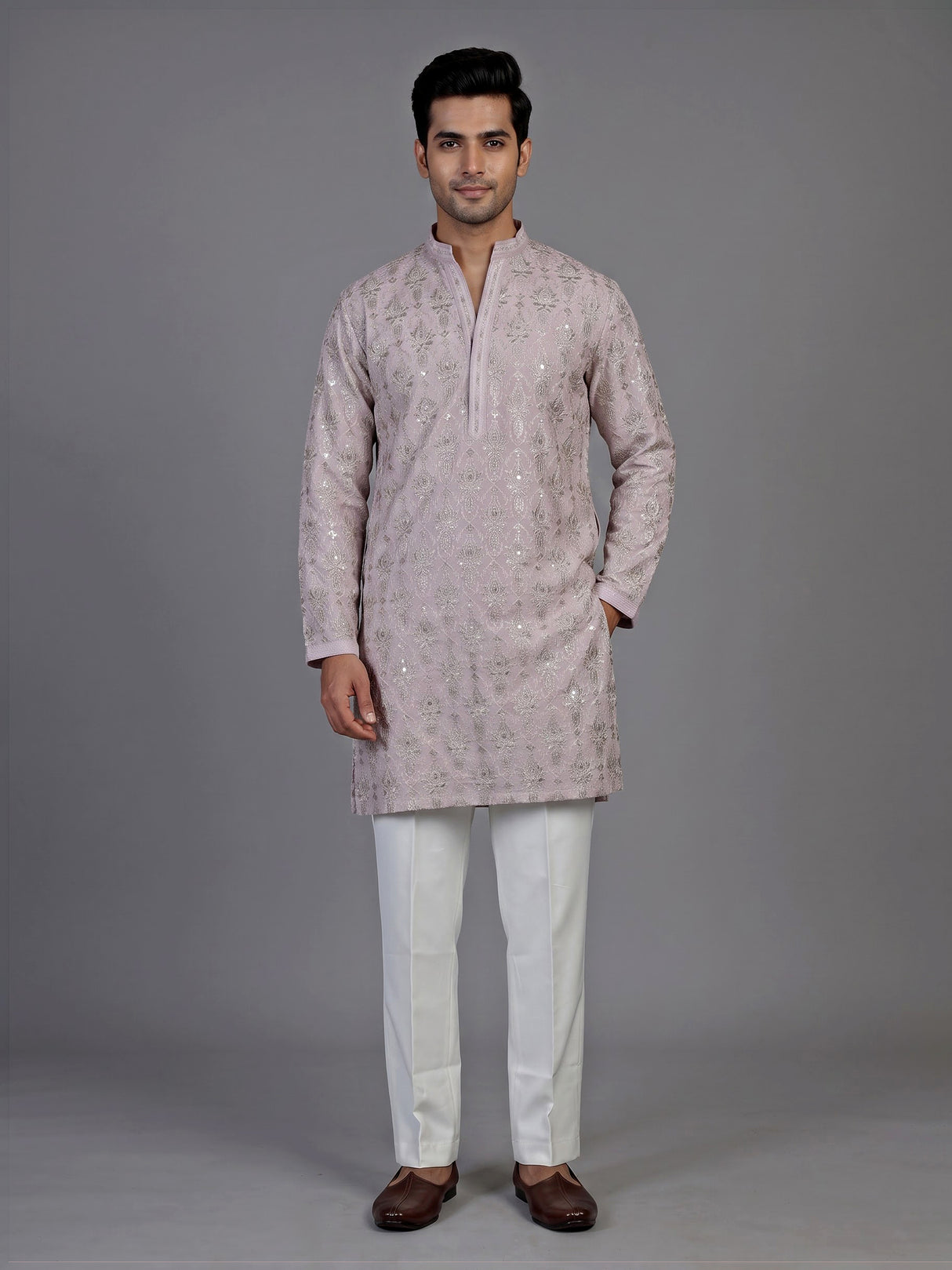 Lilac purple silk mens kurta suit with intricate aabla embellishments