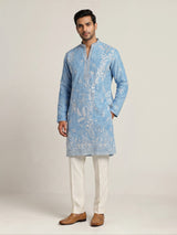 Sky blue silk mens kurta suit with shimmering aabla embellishments