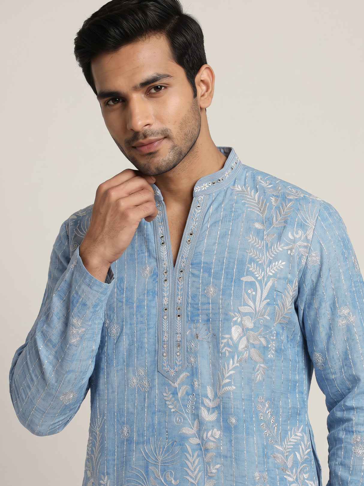 Sky blue silk mens kurta suit with shimmering aabla embellishments
