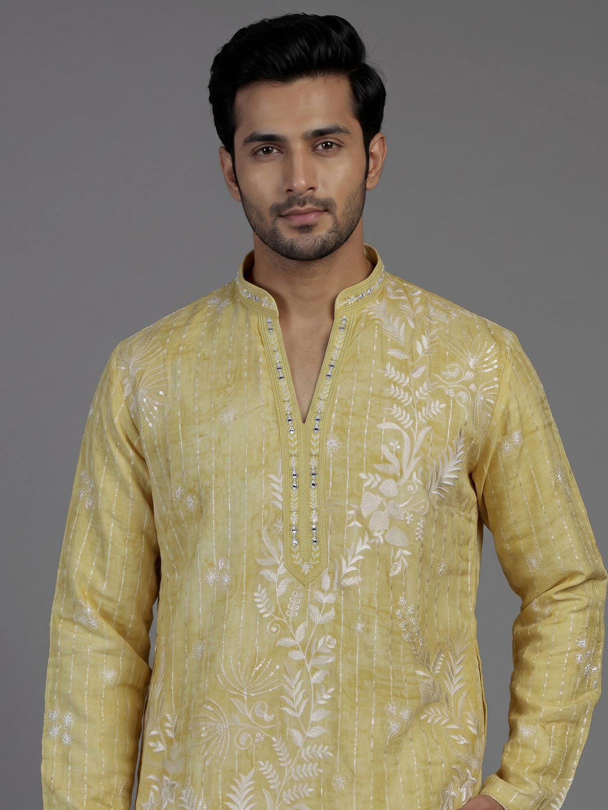 Yellow silk mens kurta suit with sparkling aabla and sequin work